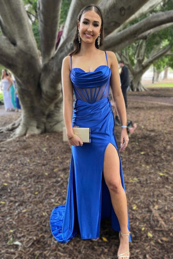 Royal Blue Corset Prom Dress with Slit