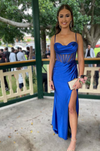 Royal Blue Corset Prom Dress with Slit