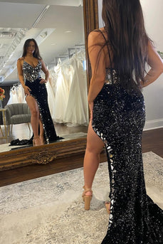 Sparkly Black Mermaid Mirror Long Beaded Prom Dress with Slit