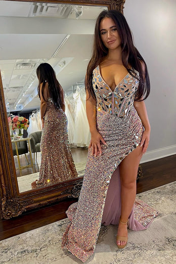 Sparkly Black Mermaid Mirror Long Beaded Prom Dress with Slit