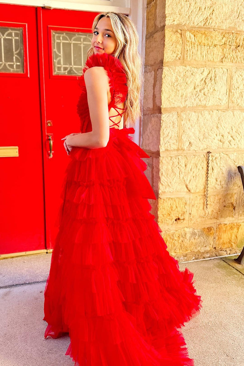 Load image into Gallery viewer, A-Line Tulle Red Tiered Prom Dress with Slit