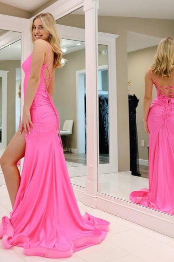 Mermiad Lace-Up Back Fuchsia Long Prom Dress with Slit