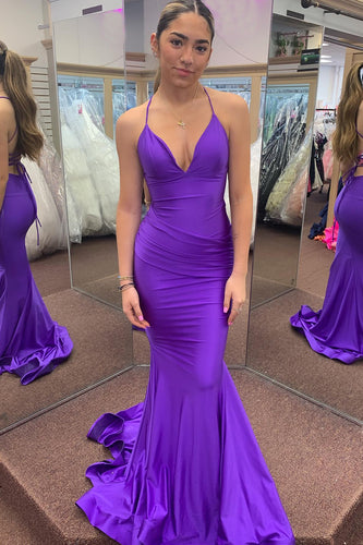 Mermiad Halter Dark Purple Long Prom Dress with Slit