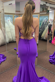 Mermiad Halter Dark Purple Long Prom Dress with Slit