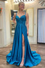 Load image into Gallery viewer, Satin Beaded Blue Long Prom Dress with Split Front