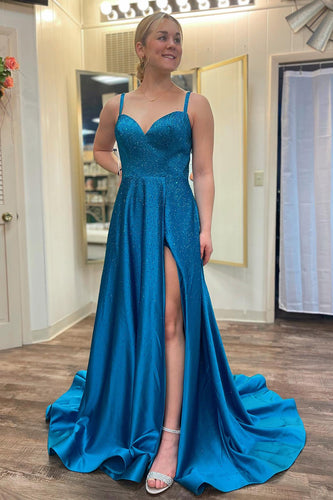 Satin Beaded Blue Long Prom Dress with Split Front