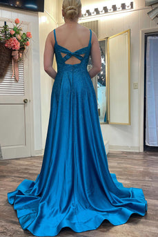 Satin Beaded Blue Long Prom Dress with Split Front