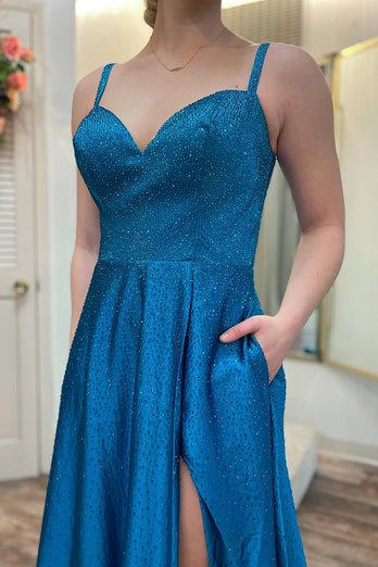 Satin Beaded Blue Long Prom Dress with Split Front