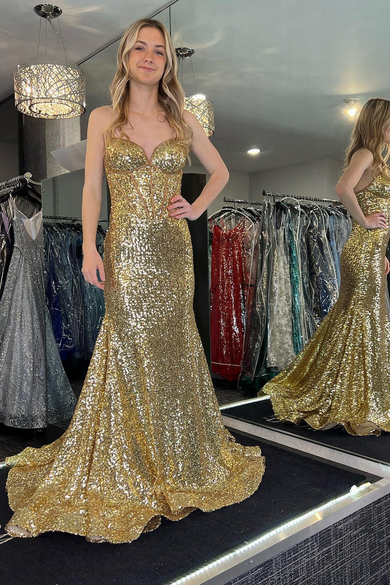 Load image into Gallery viewer, Sparkly Mermaid Sweetheart Golden Corset Prom Dress