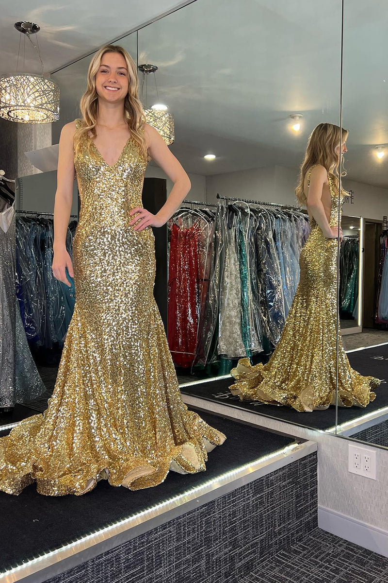 Load image into Gallery viewer, Sparkly Golden Sequins V Neck Mermaid Long Prom Dress