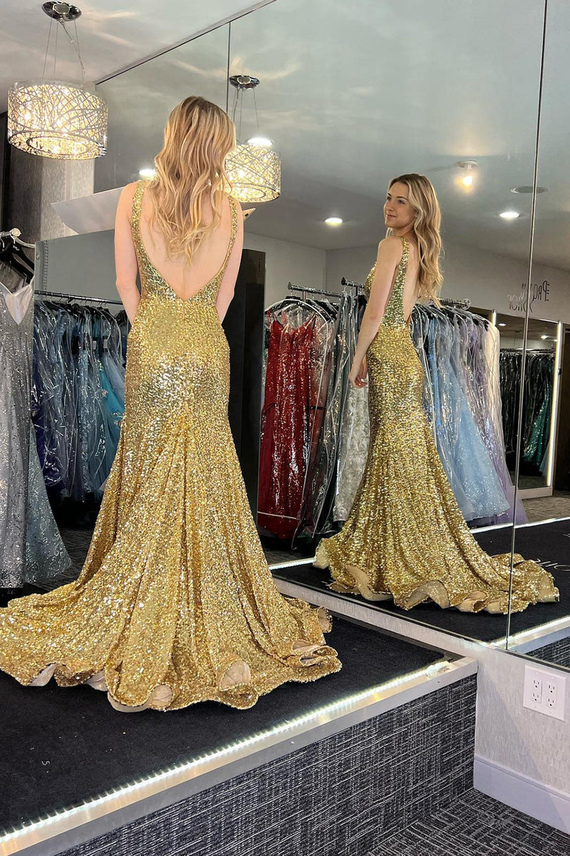 Load image into Gallery viewer, Sparkly Golden Sequins V Neck Mermaid Long Prom Dress