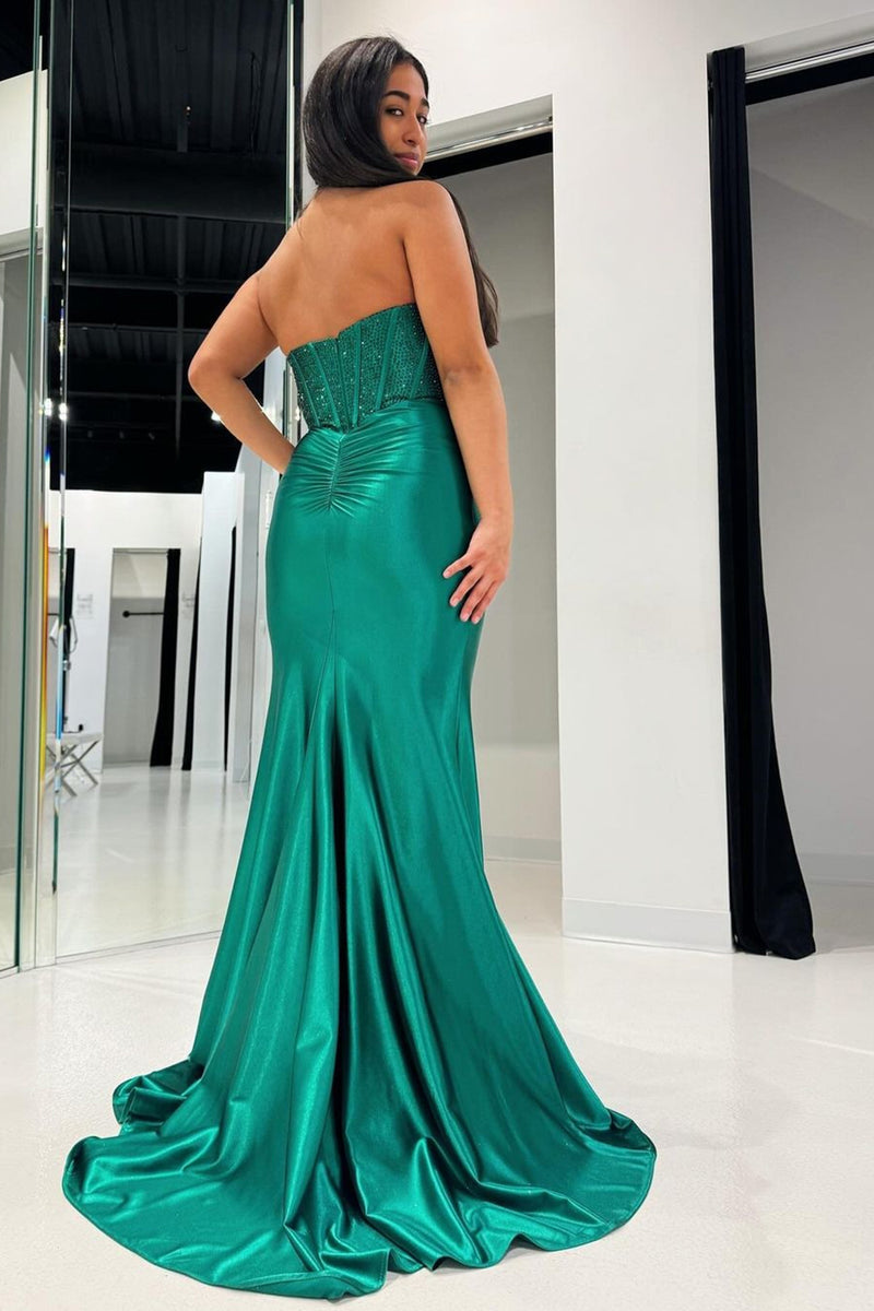 Load image into Gallery viewer, Glitter Dark Green Sweetheart Mermaid Long Prom Dress with Slit