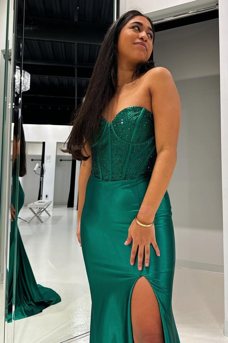 Load image into Gallery viewer, Glitter Dark Green Sweetheart Mermaid Long Prom Dress with Slit