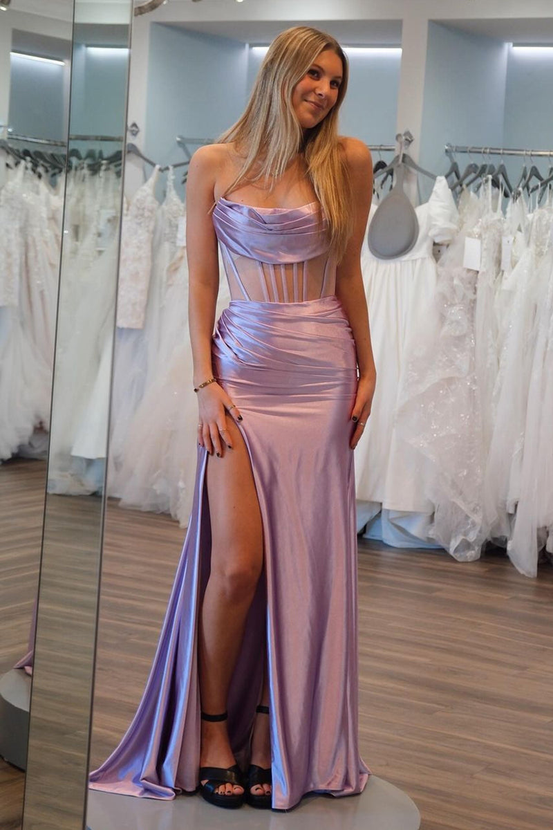 Load image into Gallery viewer, Lilac Strapless Corset Mermaid Satin Long Prom Dress with Slit