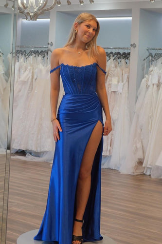 Royal Blue Floral Off-Shoulder Mermaid Long Prom Dress with Slit