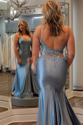 Glitter Grey Blue Grey Blue Appliques Mermaid Long Prom Dress