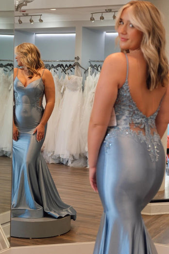 Glitter Grey Blue Grey Blue Appliques Mermaid Long Prom Dress