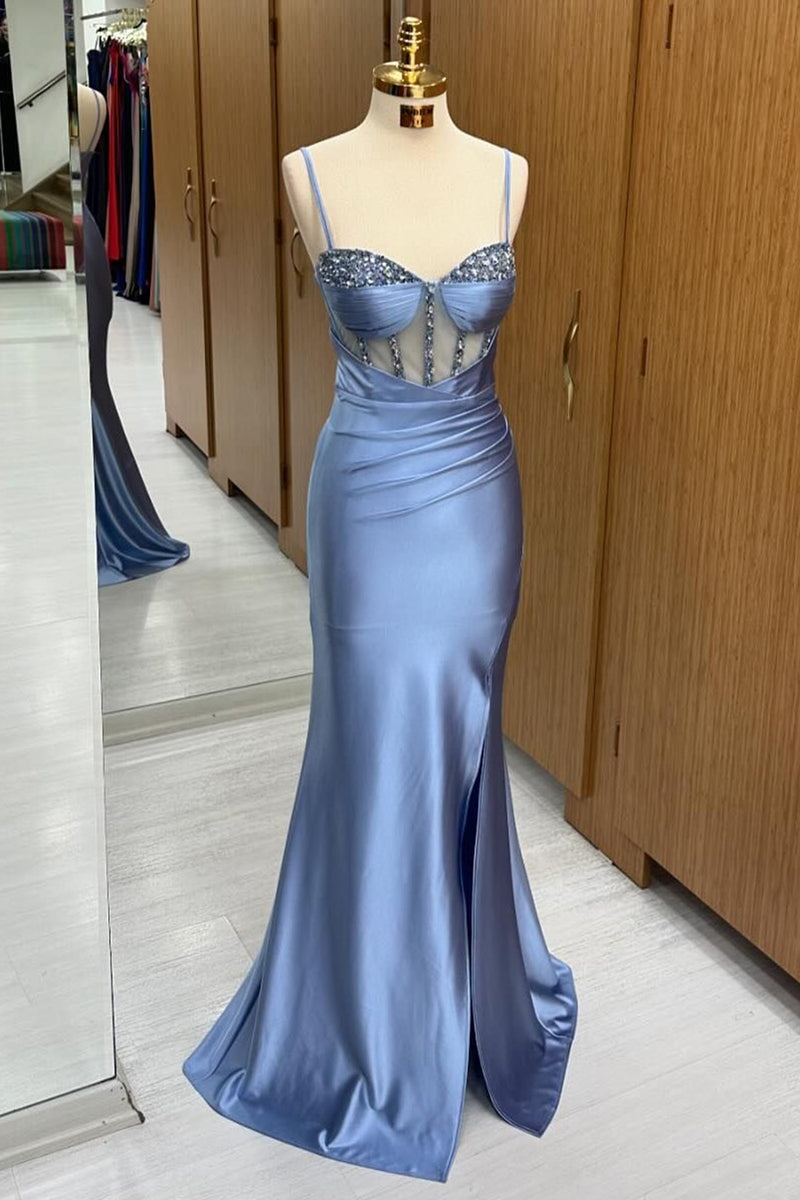 Load image into Gallery viewer, Sparkly Grey Blue Corset Mermaid Long Prom Dress with Slit