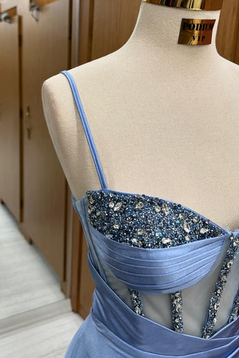 Sparkly Grey Blue Corset Mermaid Long Prom Dress with Slit