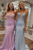 Load image into Gallery viewer, Light Blue Floral Deep V Mermaid Long Prom Dress