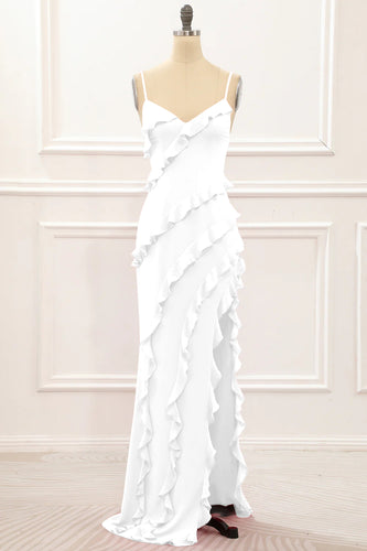 White Backless Spaghetti Straps Prom Dress With Slit