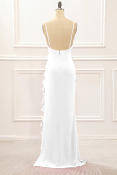 White Backless Spaghetti Straps Prom Dress With Slit