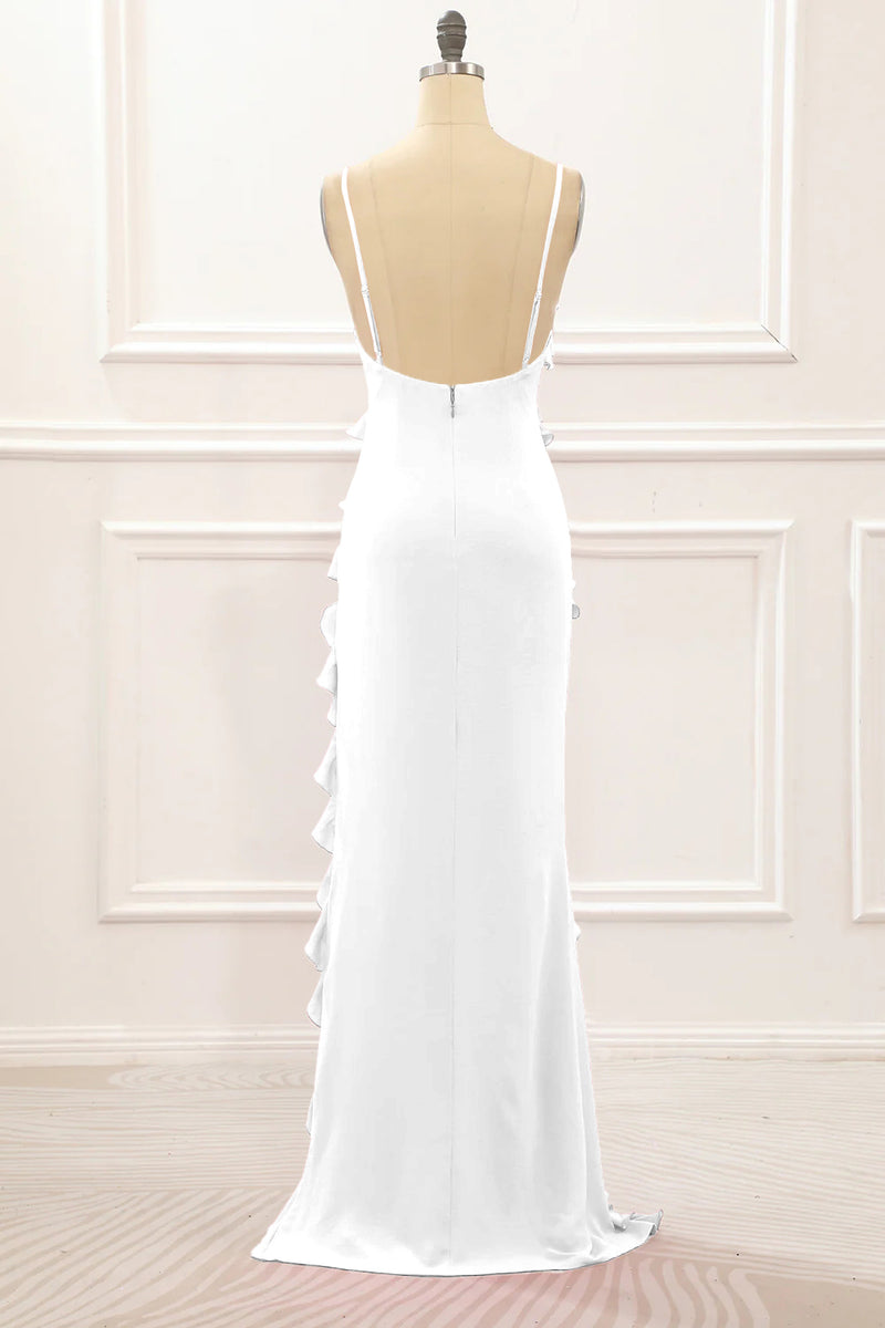 Load image into Gallery viewer, White Backless Spaghetti Straps Prom Dress With Slit