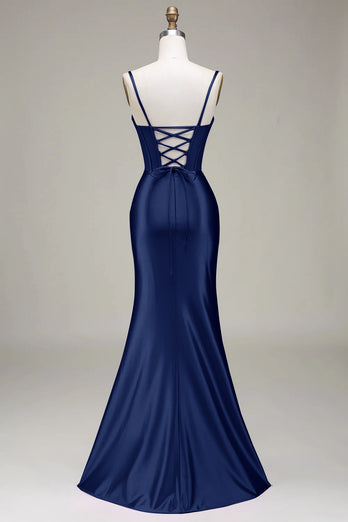 Elegant Royal Blue Corset Satin Mermaid Long Prom Dress with Slit