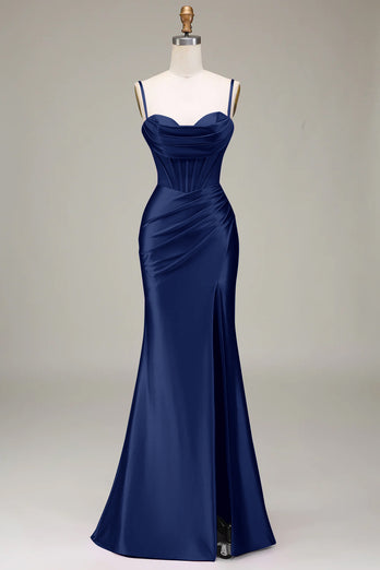 Elegant Royal Blue Corset Satin Mermaid Long Prom Dress with Slit