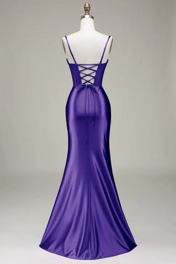 Satin Spaghetti Straps Lilac Purple Prom Dress with Corset