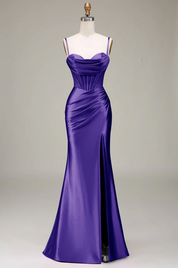 Satin Spaghetti Straps Lilac Purple Prom Dress with Corset