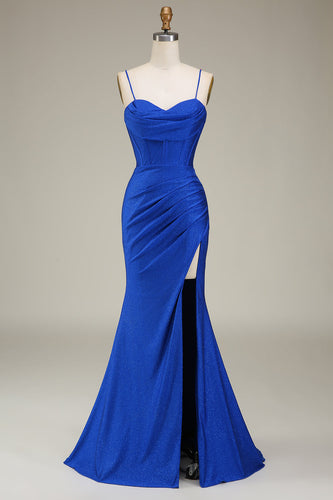 Elegant Royal Blue Corset Satin Mermaid Long Prom Dress with Slit