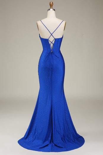 Elegant Royal Blue Corset Satin Mermaid Long Prom Dress with Slit