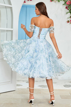 Tulle Off The Shoulder Blue Short Prom Dress