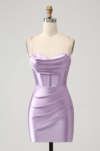 Lilac Bodycon Spaghetti Straps Corset Satin Party Dress