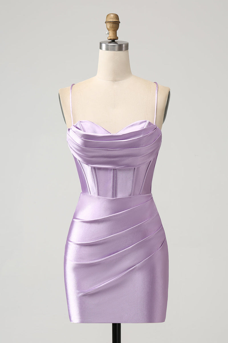 Load image into Gallery viewer, Lilac Bodycon Spaghetti Straps Corset Satin Party Dress