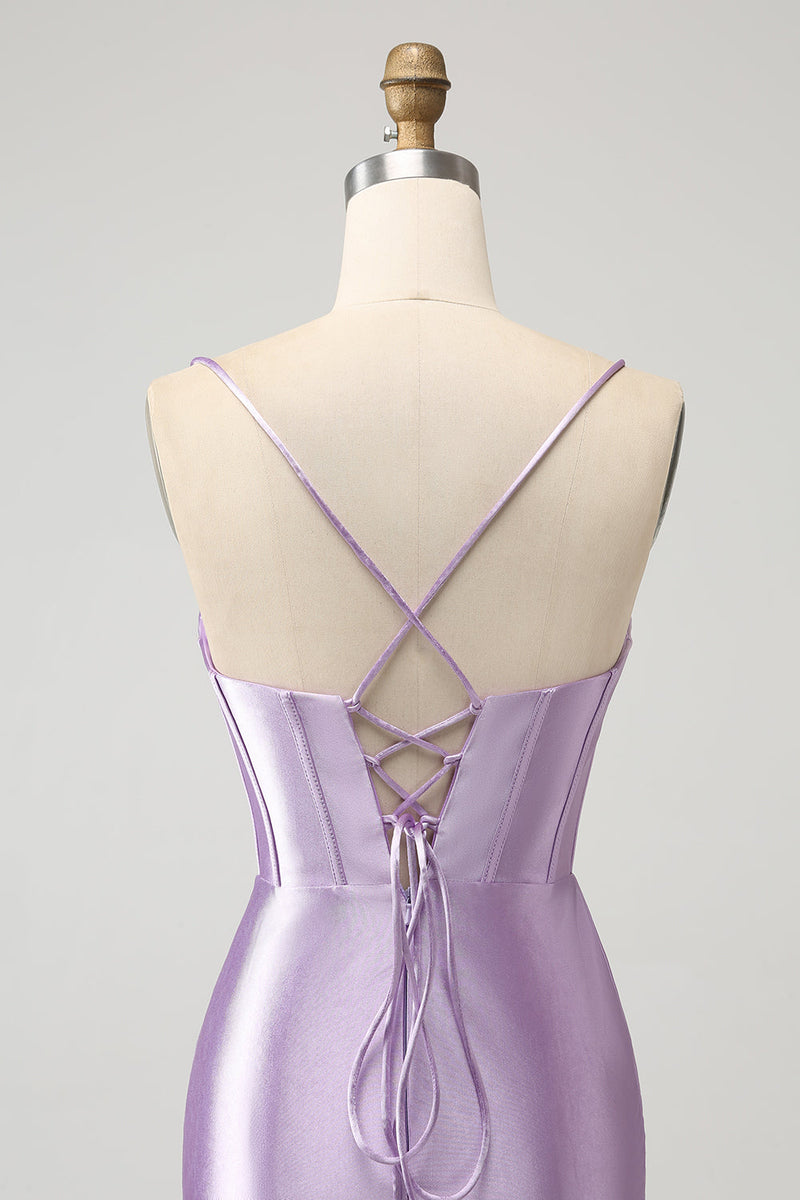 Load image into Gallery viewer, Lilac Bodycon Spaghetti Straps Corset Satin Party Dress