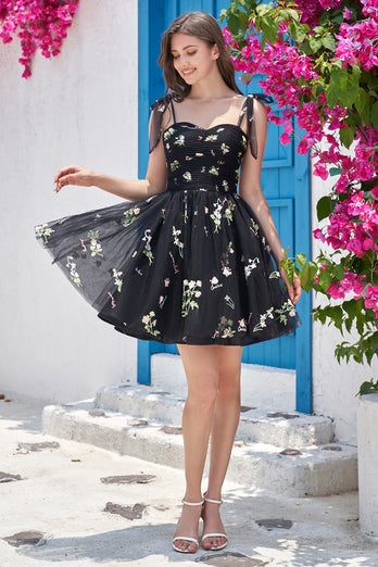 Cute A-Line Black Short Prom Dress With Embroidery