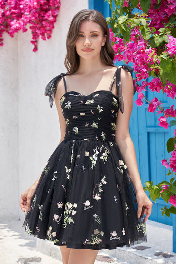 Cute A-Line Black Short Prom Dress With Embroidery