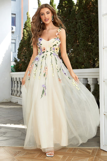 Spaghetti Straps Champagne Long Prom Dress With 3D Flowers