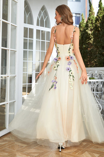 Spaghetti Straps Champagne Long Prom Dress With 3D Flowers