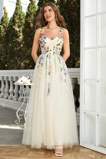 Spaghetti Straps Champagne Long Prom Dress With 3D Flowers