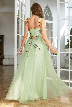 Spaghetti Straps Green Long Prom Dress With 3D Flowers