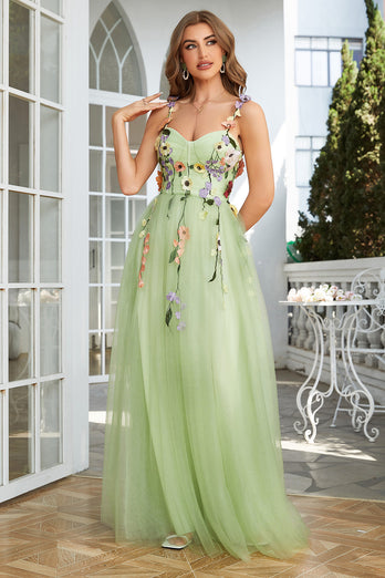 Spaghetti Straps Champagne Long Prom Dress With 3D Flowers