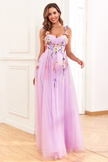 Dark Purple Spaghetti Straps Prom Dress With 3D Flowers