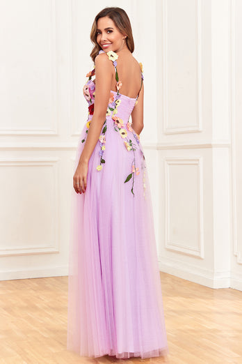 Dark Purple Spaghetti Straps Prom Dress With 3D Flowers