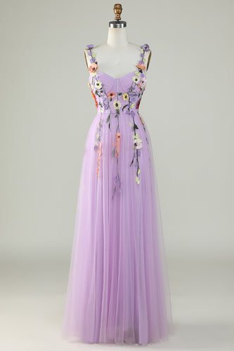 Purple Spaghetti Straps Prom Dress With 3D Flowers