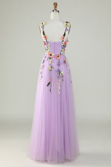 Purple Spaghetti Straps Prom Dress With 3D Flowers