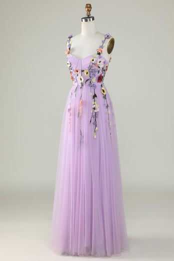 Purple Spaghetti Straps Prom Dress With 3D Flowers