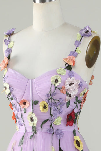 Purple Spaghetti Straps Prom Dress With 3D Flowers